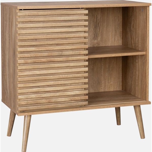 Credenza Scandinava Effetto Legno E Anta Scorrevole Scanalata, 80Cm, Marrone Naturale-image