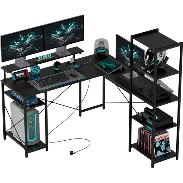 Homcom Scrivania, Scrivania A L Per Computer 137 X 140 X 139,5 Cm Scrivania Ad Angolo Con 6 Ripiani, Scrivania Per Ufficio Con Supporto Per Monitor, Usb, Presa, Per Casa, Ufficio, Nero-image