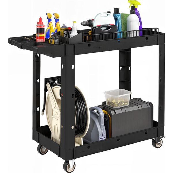 Homcom Carrello Da Officina Con 2 Ripiani, Carrello Portautensili Con Maniglia Laterale, Fori Per Gancio Carrello Da Officina Per Garage, Magazzino, Carico Massimo 227 Kg, Nero-image