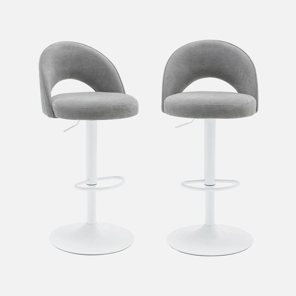 Set Di 2 Sgabelli Da Bar Regolabili Metallo E Tessuto Con Base Bianca , Grigio Chiaro-image