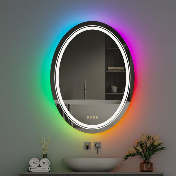 Wisfor Specchio Da Bagno A Led Ovale, 60×80 Cm Specchio Da Parete A Led Per Bagno Con Illuminazione, 8 Colori Di Luce 2800-6500K Dimmerabile Specchio Illuminato Senza Nebbia Con Interruttore A Sfioramento IP65-image