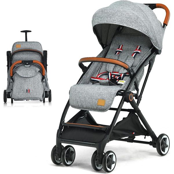 Carrozzina Costway Pieghevole Con Una Sola Mano, Passeggino Con Schienale E Poggiapiedi Regolabili E Capottina, Passeggino Da Viaggio Con Funzione Reclinabile, Cintura Di Sicurezza A 5 Punti Per Bambini Fino A 3 Anni, Capacità Di Carico 15 Kg (Grigio)-image