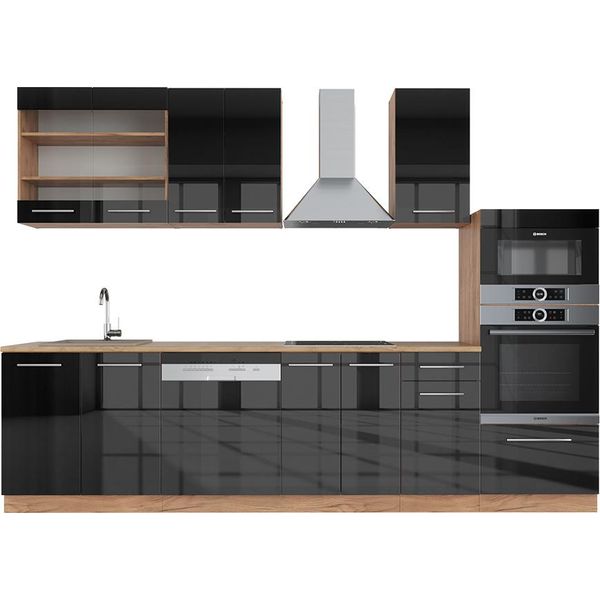 Vicco Cucina Componibile Fame-Line, 300 Cm Con Armadio Alto, Pt Rovere, Antracite Lucido/Oro Power Oak-image