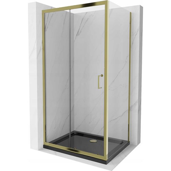 Mexen Apia Cabina Doccia Scorrevole 130 X 80 Cm, Trasparente, Oro + Piatto Flat, Nero - 840-130-080-50-00-4070G-image