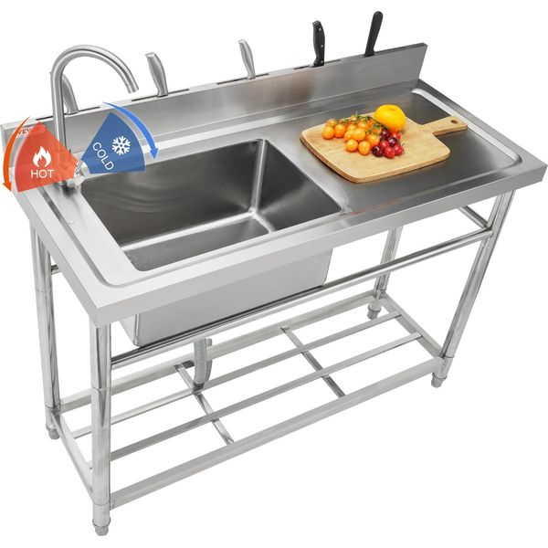 Vevor Lavello In Acciaio Inox, Set Di Lavelli A Vasca Singola Indipendenti Per Cucina Commerciale Con Banco Di Lavoro, 50 X 33 X 22 Cm Lavello A Vasca Singola Con Rubinetto Per Garage, Ristorante, Lavanderia-image