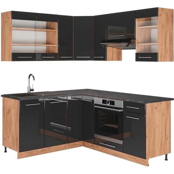 Vicco Cucina Angolare Completa Fame-Line, 160 X 190 Cm , Pt Antracite, Antracite Lucido/Oro Power Oak-image