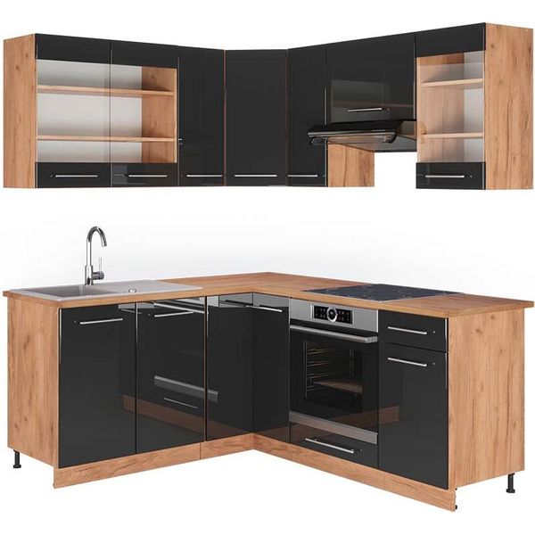 Vicco Cucina Angolare Completa Fame-Line, 160 X 190 Cm , Pt Rovere, Antracite Lucido/Oro Power Oak-image