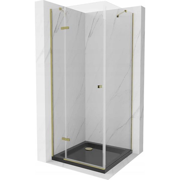 Mexen Roma Cabina Doccia A Battente 90 X 90 Cm, Trasparente, Oro + Piatto Flat, Nero - 854-090-090-50-00-4070G-image
