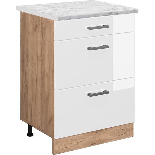 Vicco Mobiletto Base Per Cucina R-Line, 60 Cm Pl Marmo, Bianco Lucido/Quercia Dorata-image