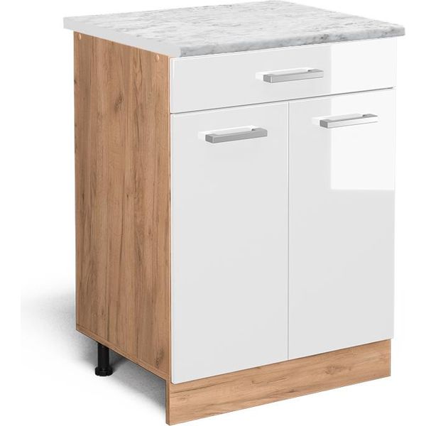 Vicco Mobiletto Base Per Cucina R-Line, 60 Cm Pl Marmo, Bianco Lucido/Quercia Dorata-image