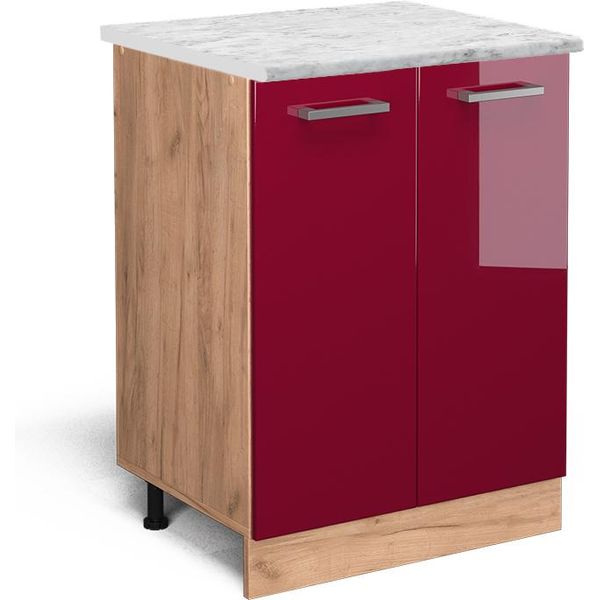 Vicco Mobiletto Base Cucina R-Line, 60 Cm Pl Marmo, Rosso Lucido/Quercia Dorata-image