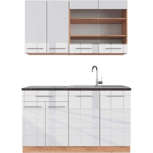 Vicco Cucina Completa Fame-Line, 140 Cm , Pt Antracite, Bianco Lucido/Oro Power Oak-image