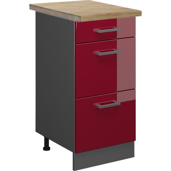 Vicco Mobiletto Base Per Cucina R-Line, 40 Cm Con Cassetti, Pl Rovere, Rosso Lucido/Antracite-image