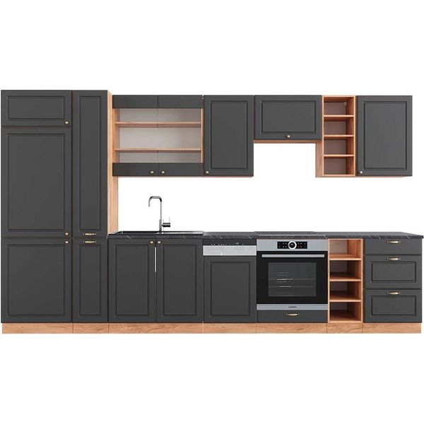 Vicco Cucina Componibile Fame-Line, 355 Cm , Pt Antracite, Antracite Country House/Oro Kraft Oak/Quercia Dorata-image