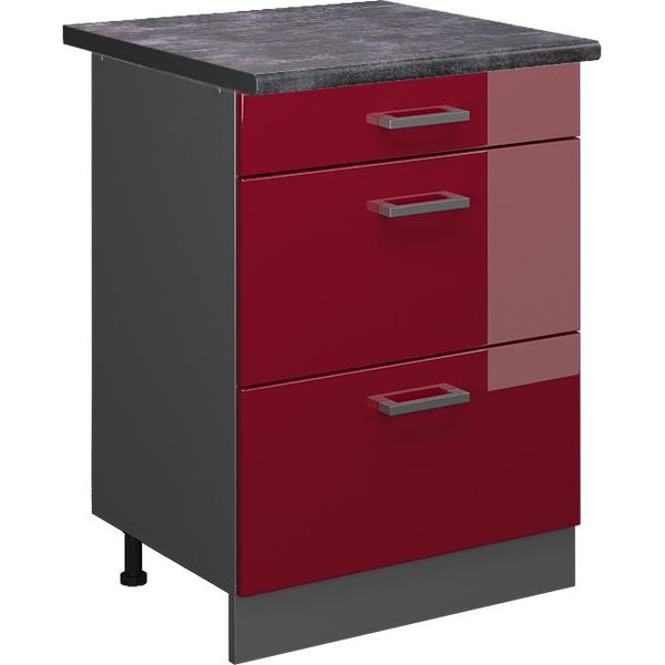 Vicco Mobiletto Base Per Cucina R-Line, 60 Cm Con Cassetti, Pl Antracite, Rosso Lucido/Antracite-image
