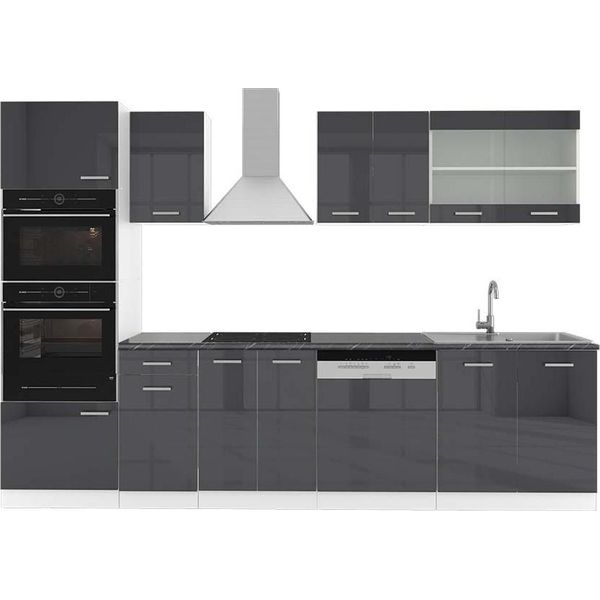 Vicco Cucina Componibile R-Line, 300 Cm Con Armadio Alto, Pt Antracite, Antracite Lucido/Bianco-image