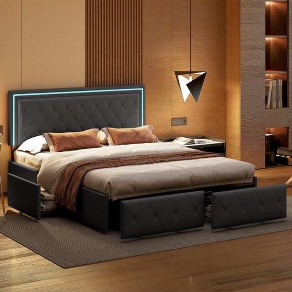 Letto Imbottito Con Illuminazione A Led, Con Testiera E 4 Cassetti, Letto Matrimoniale 140X200Cm Letto Contenitore Struttura Letto, Rete A Doghe In Legno, Grigio-image