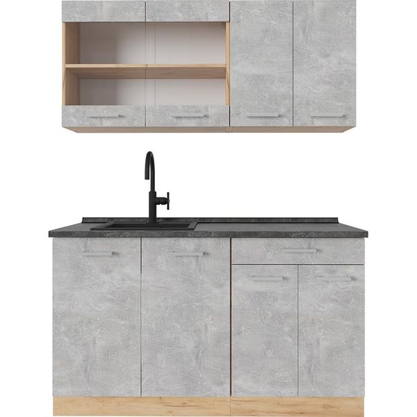 Vicco Cucina Monoblocco R-Line, 140 Cm , Pl Antracite, Calcestruzzo/Quercia Dorata-image