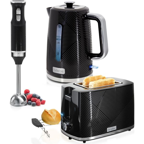 Briebe SKT1186BLK Set Elegance Tostapane 2 Fette Larghe + Bollitore 1,7L + Frullatore A Mano In Acciaio Inox Nero-image