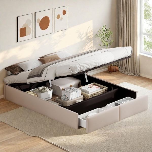 Letto Imbottito Fortuna Lai 140X200 Cm, Letto In Lino Con Rete A Doghe, Contenitore Idraulico E 2 Cassetti, Beige-image