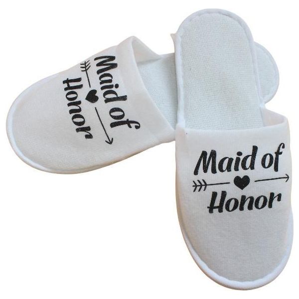 Inf Pantofole Bianche Con Scritta "Maid Of Honour"" Per Feste Di Addio Al Nubilato Nero"-image