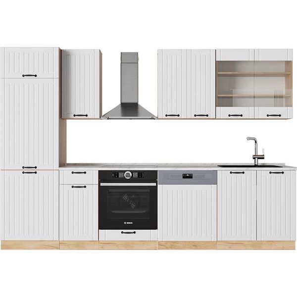 Vicco Cucina Componibile Fame-Line, 300 Cm , Pl Marmo, Bianco Casa Di Campagna/Quercia Dorata-image