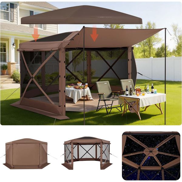 Padiglione Pop-Up Vevor, 3,6 X 3,6 M, Tenda Da Campeggio A 6 Lati Con Tetto Rimovibile E Borsa Per Il Trasporto, Protezione Solare Per 8-10 Persone, Tenda Da Festa Per Giardino E Terrazza, Marrone-image