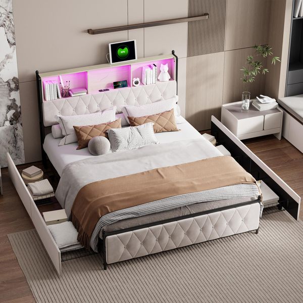 Fortuna Lai Letto Imbottito Con Usb Tipo C E Rete A Doghe, Letto Matrimoniale 180X200Cm Letto Contenitore Con 4 Cassetti, Letto In Legno Massiccio Letto Funzionale Con Led, Letto Per Ragazzi Letto Matrimoniale In Velluto, Beige-image