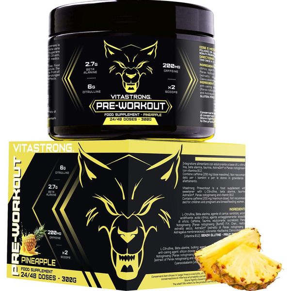 Booster Pre Workout Con Caffeina 300G, Pre Workout Vegano Con Vitamina B12, Citrullina, Beta-Alanina, Caffeina In Polvere, Taurina In Polvere, Astragin, Vitastrong Pre Workout (24 Porzioni (1-Pack), Ananas)-image