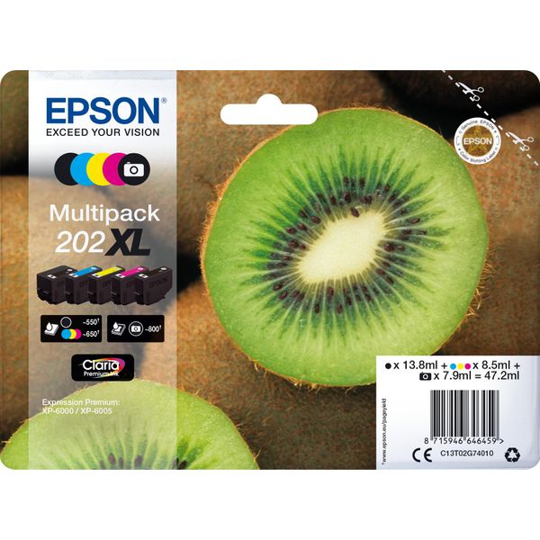 Epson C13T02G74020 Kiwi 202XL Cartuccia D'inchiostro 1 Pz Originale Resa Elevata (Xl) Nero, Nero Per Foto, Ciano, Magenta, Giallo-image
