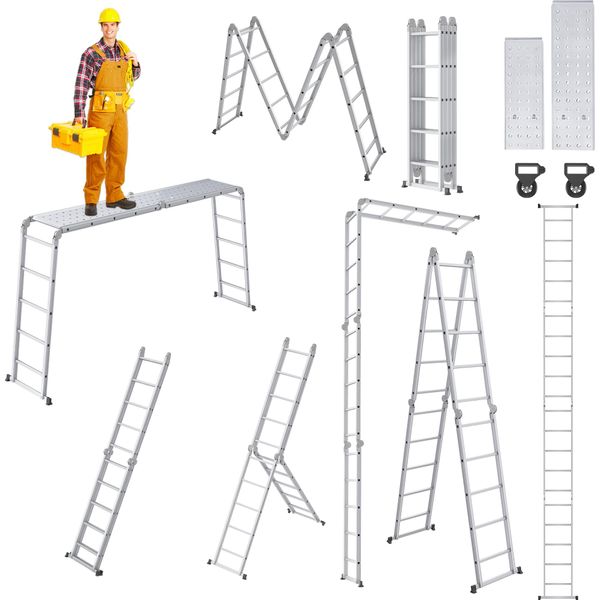 Va-Cerulean Scala Multiuso In Alluminio Con Piattaforma 5,5 M Scala Da Lavoro Pieghevole Multifunzionale Scala Domestica Fino A 150 Kg, 20 Gradini Con 2 Piastre Da Ponteggio-image