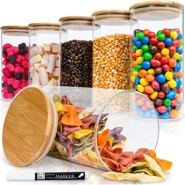 Deco Haus Barattoli Riutilizzabili Con Coperchio In Bambù - Set Da 6 - Ermetici, Lavabili In Lavastoviglie, Utilizzabili Nel Microonde - Per Conservare Alimenti, Biscotti, Come Decorazione, Ecc. - 6X20 Cm Di Altezza, 10 Cm Di Diametro-image