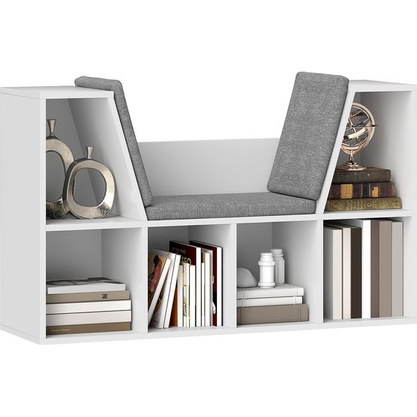Homcom Libreria Con Cuscino, Scaffale Con 6 Scomparti, Look Lino, Piccola Libreria Per Soggiorno, Camera Da Letto, 105 X 30 X 63 Cm, Bianco-image