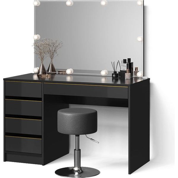 Livinity Tavolino Da Toilette Imola, Con Illuminazione A Led E Sgabello, Nero/Oro/Oro-image