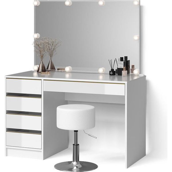 Livinity Tavolino Da Toilette Imola, Con Illuminazione A Led E Sgabello, Bianco/Oro/Oro-image