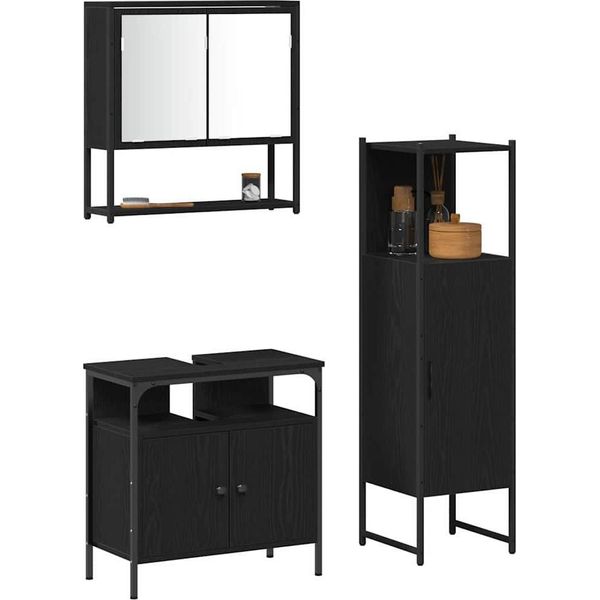 Vidaxl Set Di Mobili Da Bagno Con Ripiano 3 Pezzi In Legno Nero-image