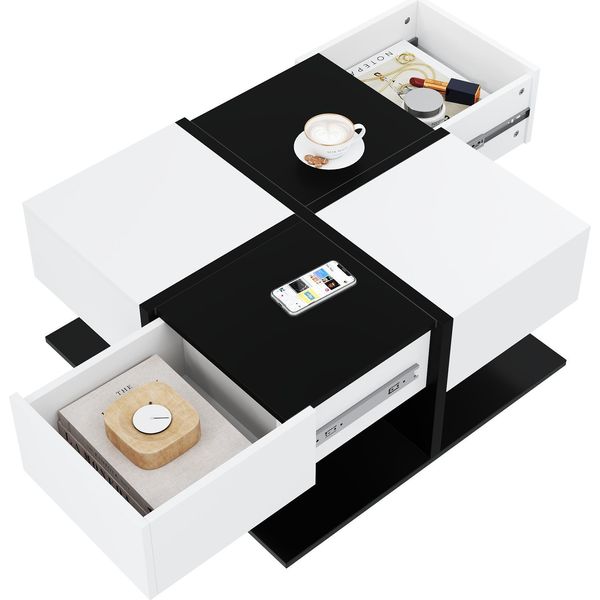 Tavolino Moderno Sweiko Nero Bianco 70×70×35,5 Cm Con 2 Cassetti, Tavolino Da Salotto Quadrato Con Spazio Di Archiviazione, Tavolino Lucido Con Guide Lisce Per Cassetti-image