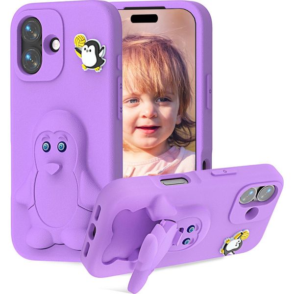 Custodia In Eva Per Iphone 16, Morbida Custodia Protettiva Antiurto Per Bambini Con Supporto Per Pinguino Viola-image
