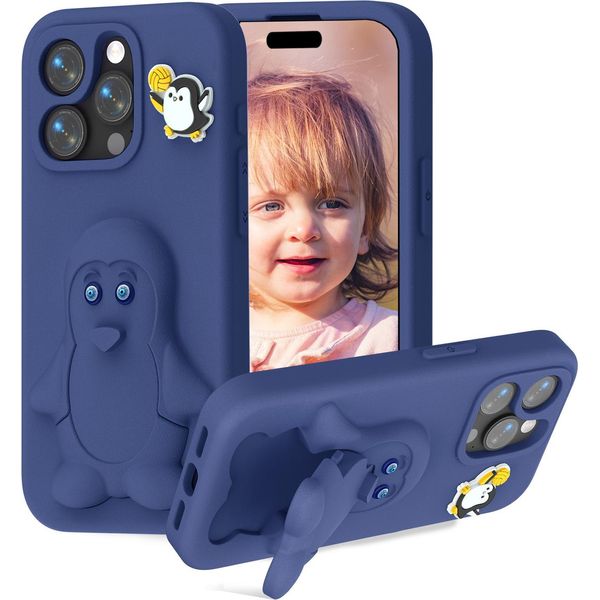 Custodia Per Bambini In Eva Per Iphone 16 Pro, Morbida Custodia Protettiva Antiurto Con Supporto Per Pinguino Blu Scuro-image