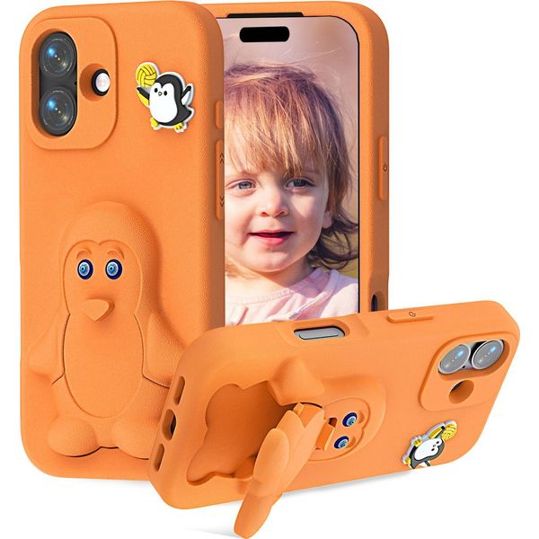 Custodia In Eva Per Iphone 16, Morbida Custodia Protettiva Antiurto Per Bambini Con Supporto Per Pinguino Arancione-image
