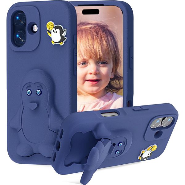 Custodia In Eva Per Iphone 17, Morbida Custodia Protettiva Antiurto Per Bambini Con Supporto Per Pinguino Blu Scuro-image