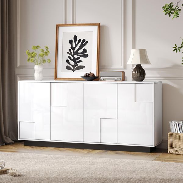 Credenza Per Soggiorno Merax A 4 Ante, Cassettiera Dal Design Geometrico Con Apertura Push-To-Open, Bianco Lucido + Nero-image