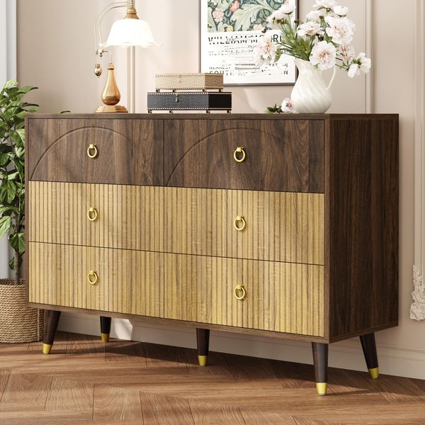 Merax Cassettiera Moderna Con 6 Cassetti, Credenza Con Look Legno Bicolore E Maniglie Dorate, Mobile Contenitore Per Soggiorno E Corridoio-image