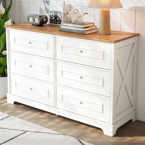Credenza Moderna Merax Con 6 Cassetti, Cassettiera In Stile Country, Mobile Contenitore Adatto A Soggiorno, Sala Da Pranzo O Corridoio, Bianco + Legno Naturale-image