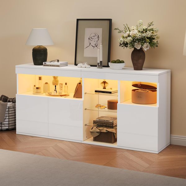 Credenza Merax Lucida Con Led, Mobile Da Soggiorno A 3 Ante Con Ripiani In Vetro, Credenza Moderna Senza Maniglie, Bianco-image