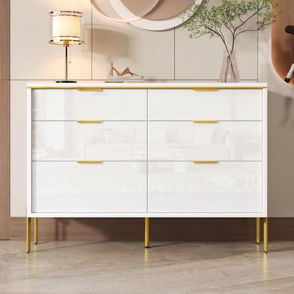 Credenza Moderna Merax Con 6 Cassetti In Bianco E Oro, Cassettiera Con Frontali Lucidi, Mobile Contenitore Per Soggiorno E Corridoio, Bianco-image