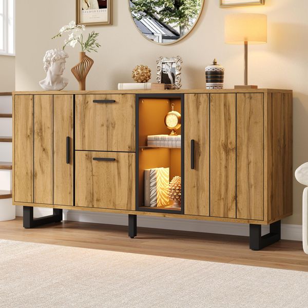 Credenza Merax Con Illuminazione A Led, Cassettiera Con 2 Cassetti E 2 Ante, Mobile Laterale Moderno, Mobile Da Soggiorno, Legno Naturale + Nero-image