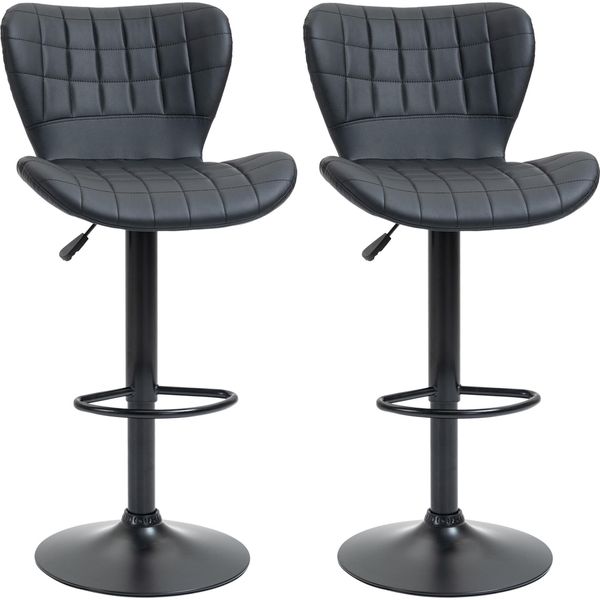 Set Di 2 Sgabelli Da Bar Dal Design Retrò Regolabili In Altezza A 360° Girevoli In Pelle Nera Per Casa Ufficio Stabili 47 X 51,5 X 89-109 Cm-image