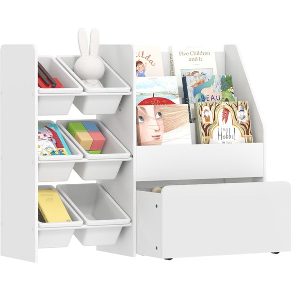 Scaffale Per Giocattoli, Scaffale Per Camerette Con 6 Contenitori, Scaffale Per Libri, Scatola Arrotolabile, 100 X 30 X 80 Cm, Mdf, Acciaio, Bianco-image