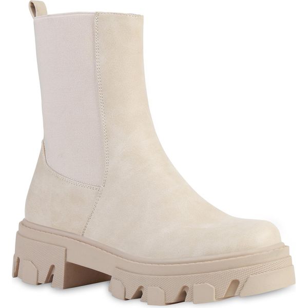 Van Hill Donna Stivaletti Stivali Piattaforma Stivali Scarpe Suola Profilo 835598, Colore: Crema, Taglia: 37-image